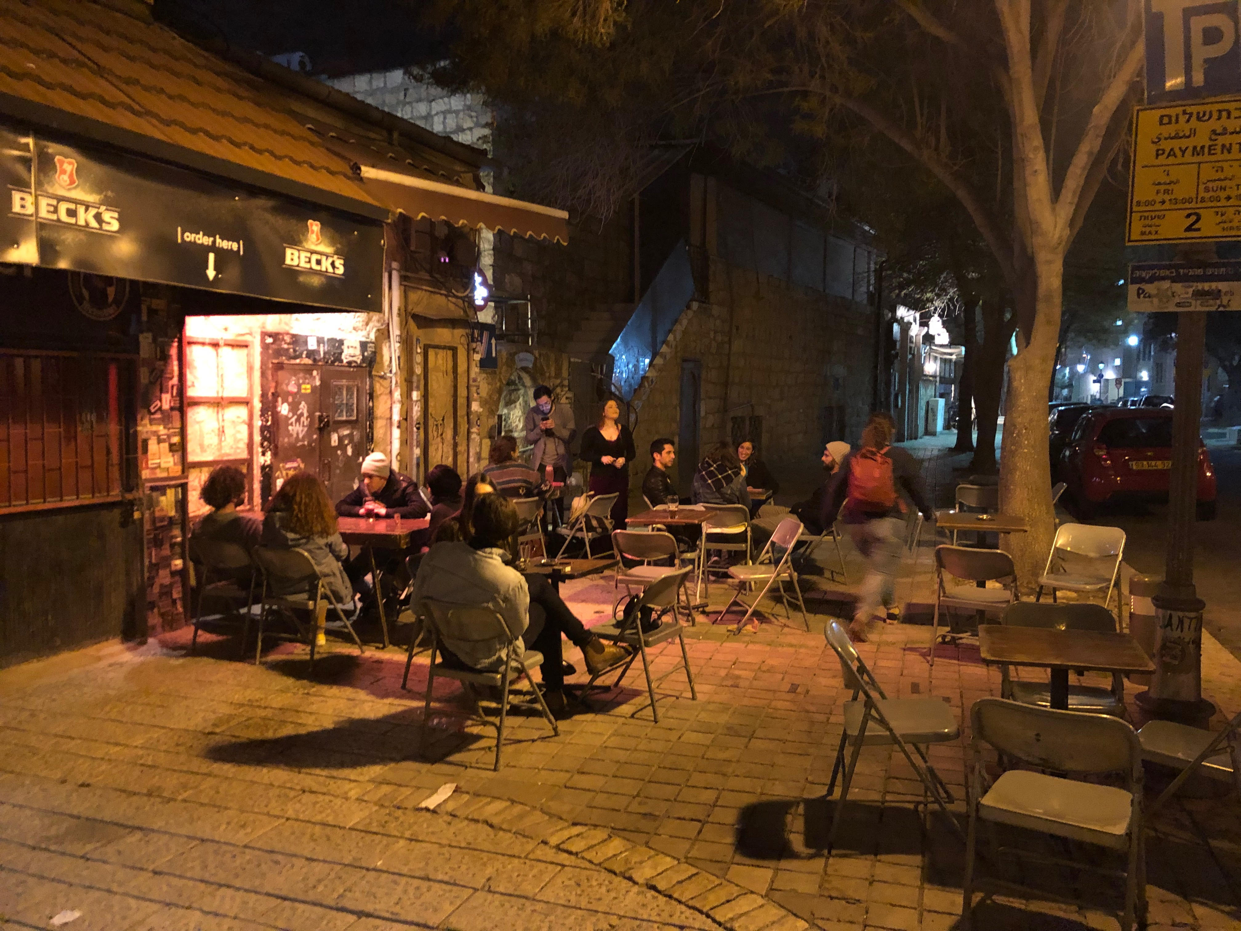 The patio in front of the complex is a popular site for club-goes to drink, smoke and enjoy the mild Jerusalem spring evening.