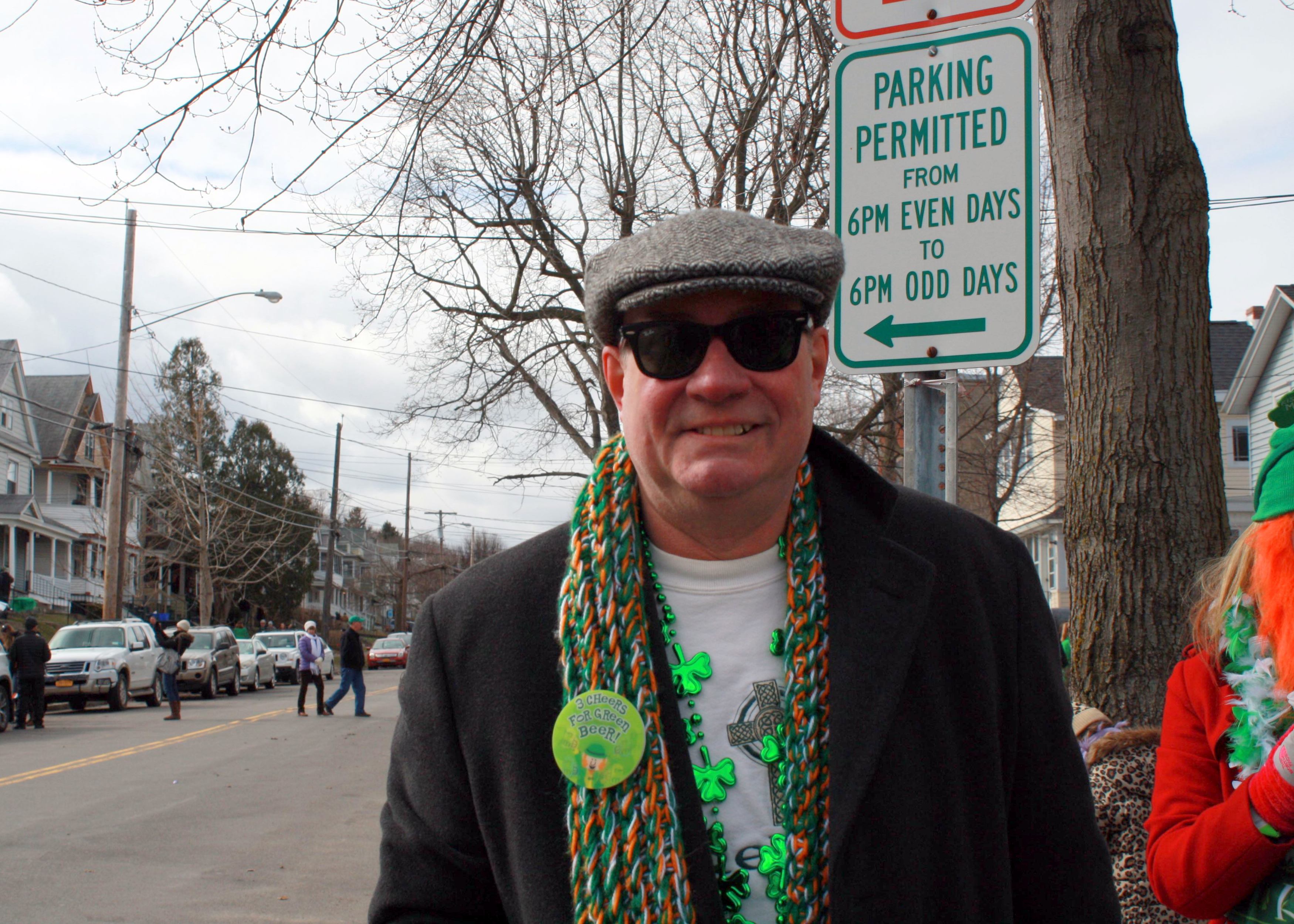 John Buckley dresses up every year to attend Green Beer Sunday in Tipp Hill, where he grew up. This year, he came with his wife Lynn, whose homemade kilt took 22 hours per pleat to construct. 